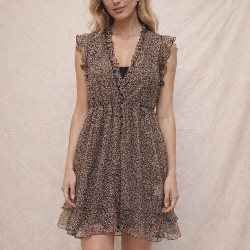 Anama Sz Medium Sheer Brown Fall Floral Chiffon Ditsy Mini Dress Autumn Tones